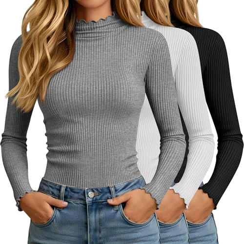 Oakgarden 3 Pack Women's Turtleneck Cotton Shirts, Long Sleeve Ribbed Lettuce Trim Mock Neck Slim Fit Tops Soft Base Layer(Black, White, Light Gray,Small) | Amazon (US)