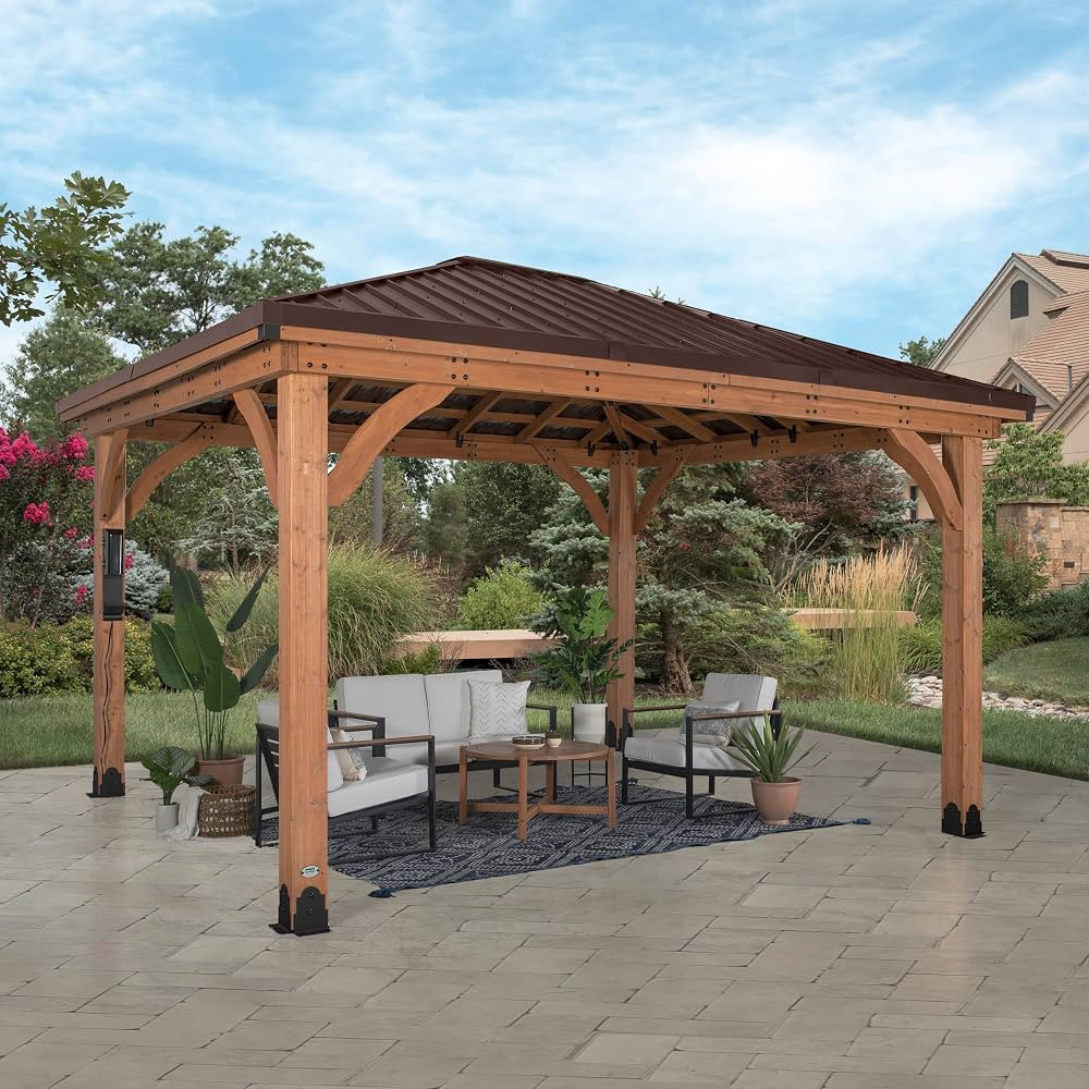 Backyard Discovery Barrington 14 ft. x 10 ft. Hip Roof Cedar Wood Gazebo, Shade, Rain, Hard Top S... | Amazon (US)