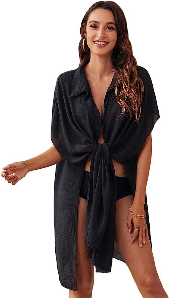 SOLY HUX Women's Short Sleeve Button Down Swimsuit Kimono Beach Cover up | Amazon (US)