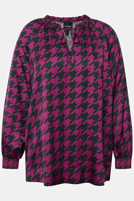 Houndstooth Print Long Sleeve Tie Neck Satin Blouse | Ulla Popken - US & CA
