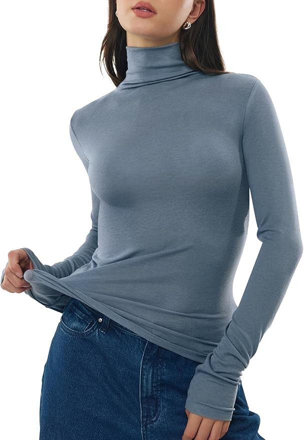 C202 Women's Turtleneck Long Sleeve Merino Wool Blend Shirts Fitted Going Out Tops Basic Tees Coz... | Amazon (US)