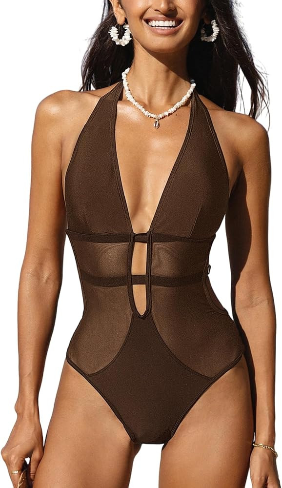 CUPSHE Women's One Piece Swimsuit Bathing Suit Deep V Neck Halter Back Tie Mesh Swimwear | Amazon (US)