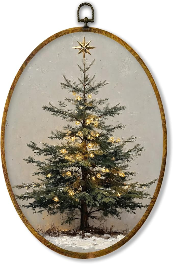 XPH Vintage Christmas Pine Tree Oval Wall Art Framed 8.6x11.4 Inch | Amazon (US)