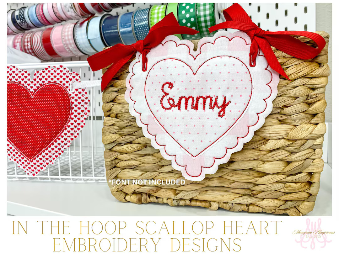 In the Hoop Scallop Heart Embroidery Design, Valentines Heart Banner Design, ITH Scalloped Heart ... | Etsy (US)
