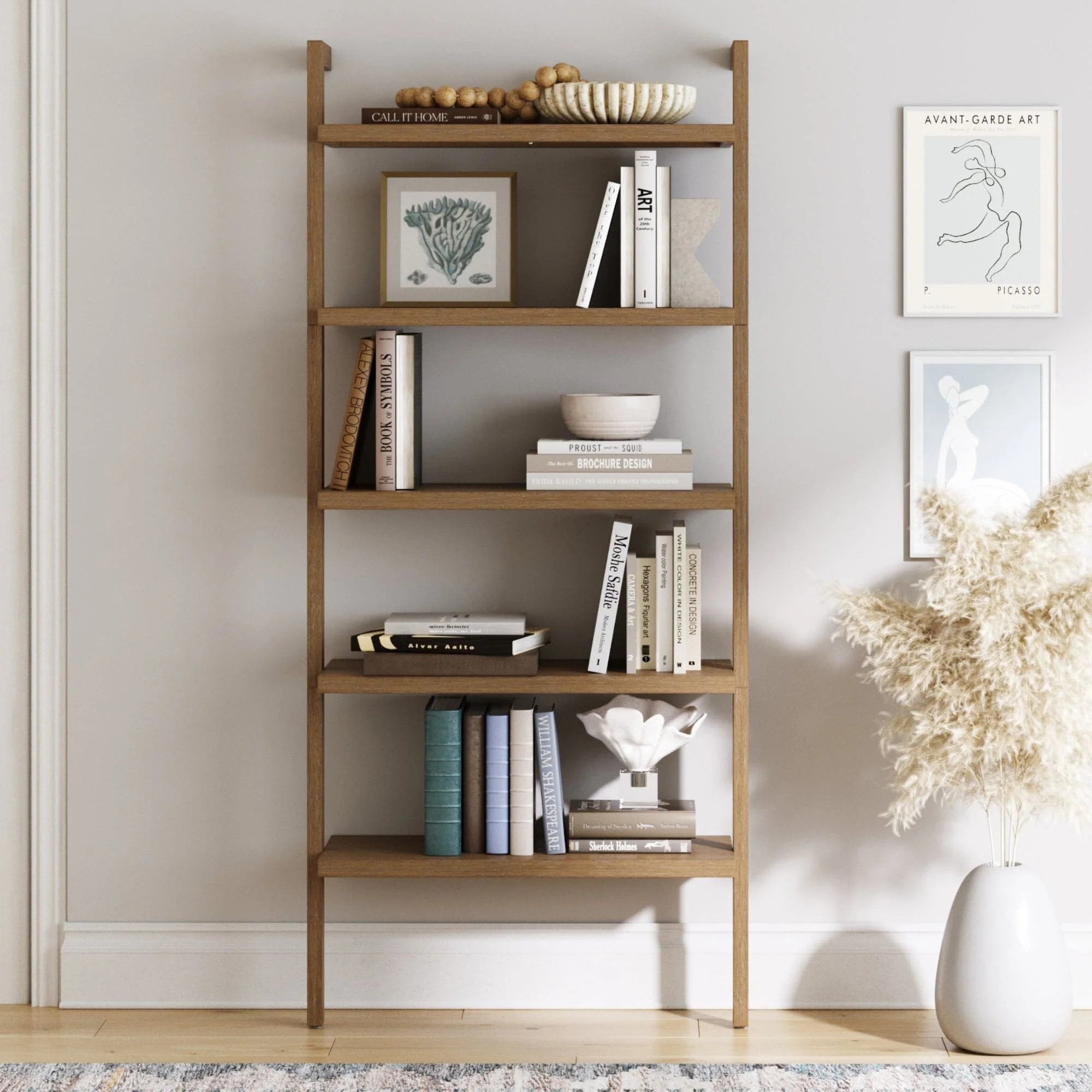 Wood 5-Shelf Ladder Wall Bookshelf Light Brown | Nathan James