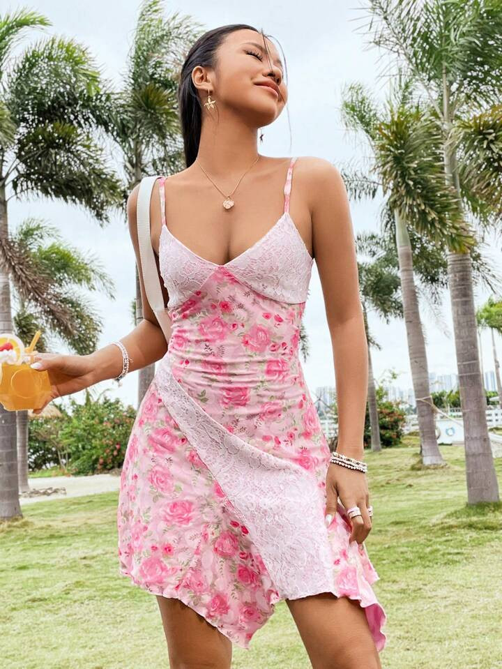 SHEIN WYWH Women's Color Block Floral Lace Spaghetti Strap Dress | SHEIN