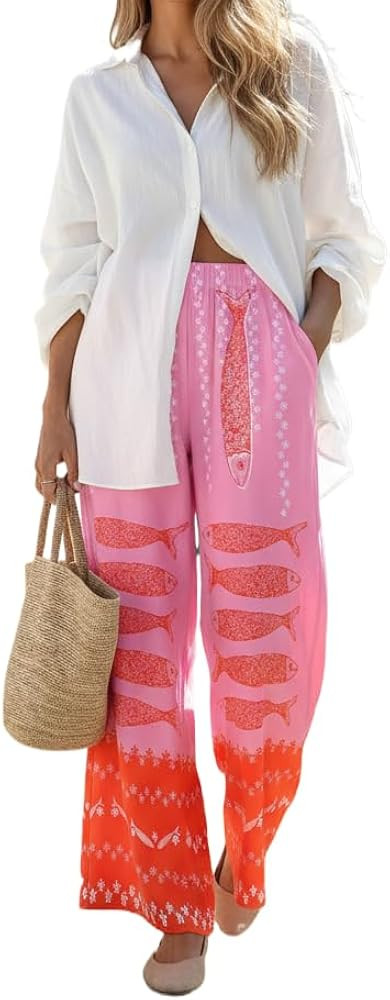 Women Wide Leg Pants, Elastic High Waist Loose Trousers, Casual Summer Beach Vacation Palazzo Pan... | Amazon (US)