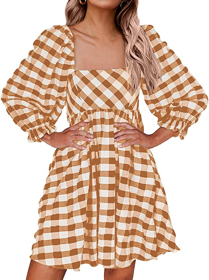 Womens Casual Square Neck 3/4 Puff Sleeve Gingham Plaid Babydoll Dress Plaid Loose Summer Mini Dr... | Amazon (US)