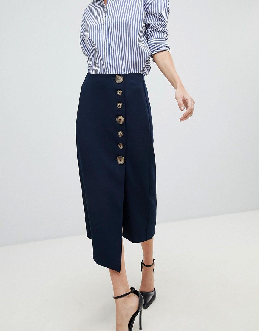 ASOS DESIGN side button pencil skirt with asymmetric hem - Navy | ASOS US