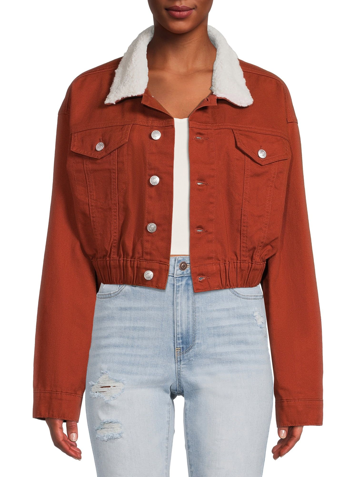 Madden NYC Women's and Junior's Cropped Denim Jacket with Faux Sherpa Collar - Walmart.com | Walmart (US)