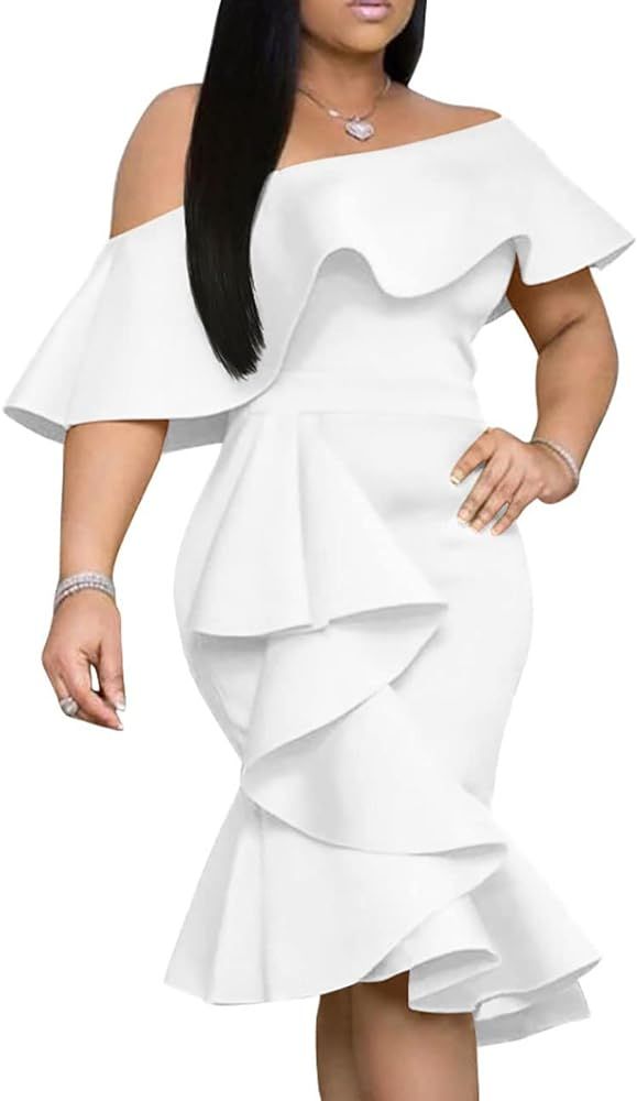 GOBLES Women's Elegant Off The Sholder Back Zipper Ruffles Bodycon Midi Cocktail Dress | Amazon (US)