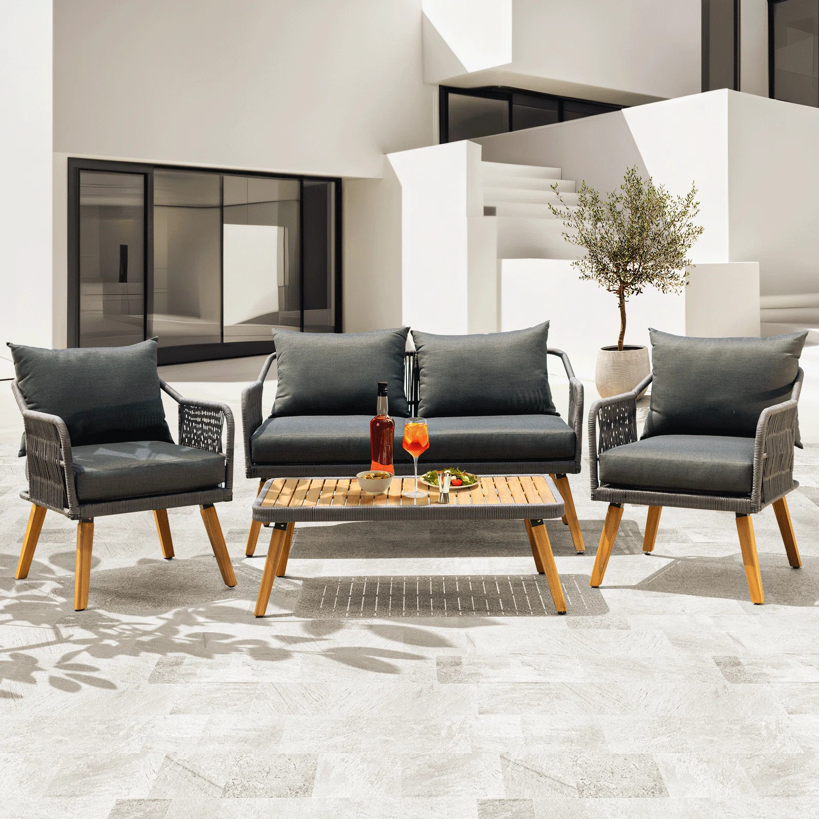 Serene 4-Piece Patio Furniture Set – 800lbs Capacity, Acacia Wood Outdoor Conversation Set with... | Wayfair North America