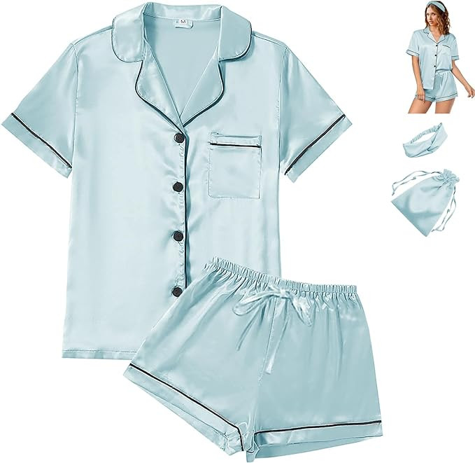 WJing Yi Jia 4Pcs Womens Satin Silky Pajama Sets Short Sleeve Shirt XS-4XL Floral Pajamas Set Sof... | Amazon (US)