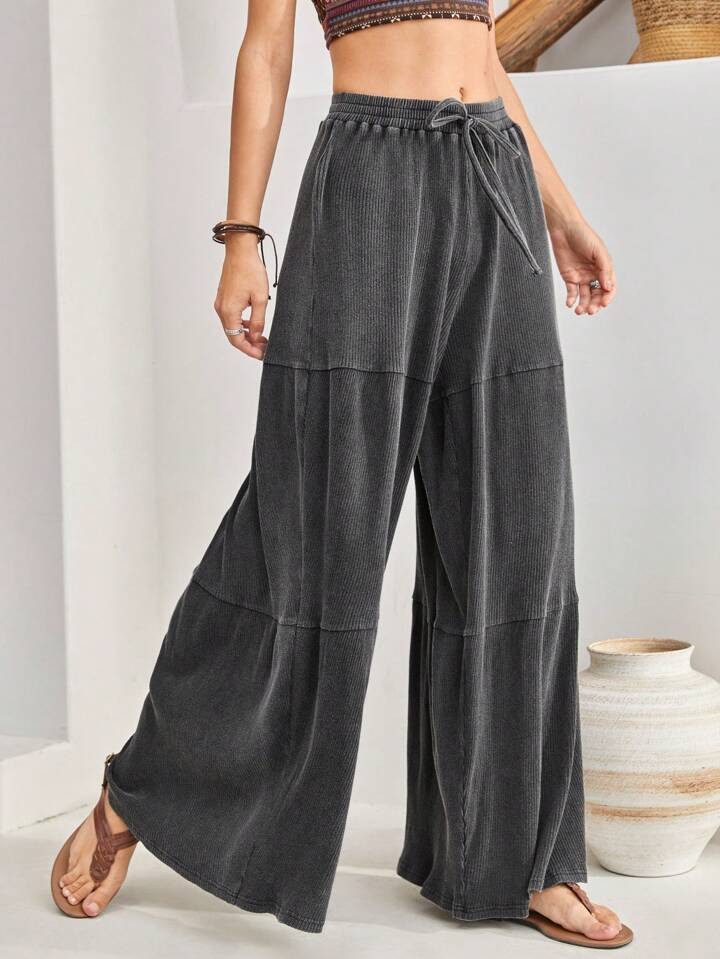SHEIN BohoFeels Women's Wide Leg Pants With Drawstring Waist And Ruffle Hem | SHEIN USA | SHEIN