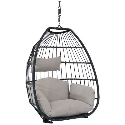 Sunnydaze Outdoor Resin Wicker Patio Oliver Lounge Hanging Basket Egg Chair Swing with Cushions and Headrest - Gray - 2pc | Target