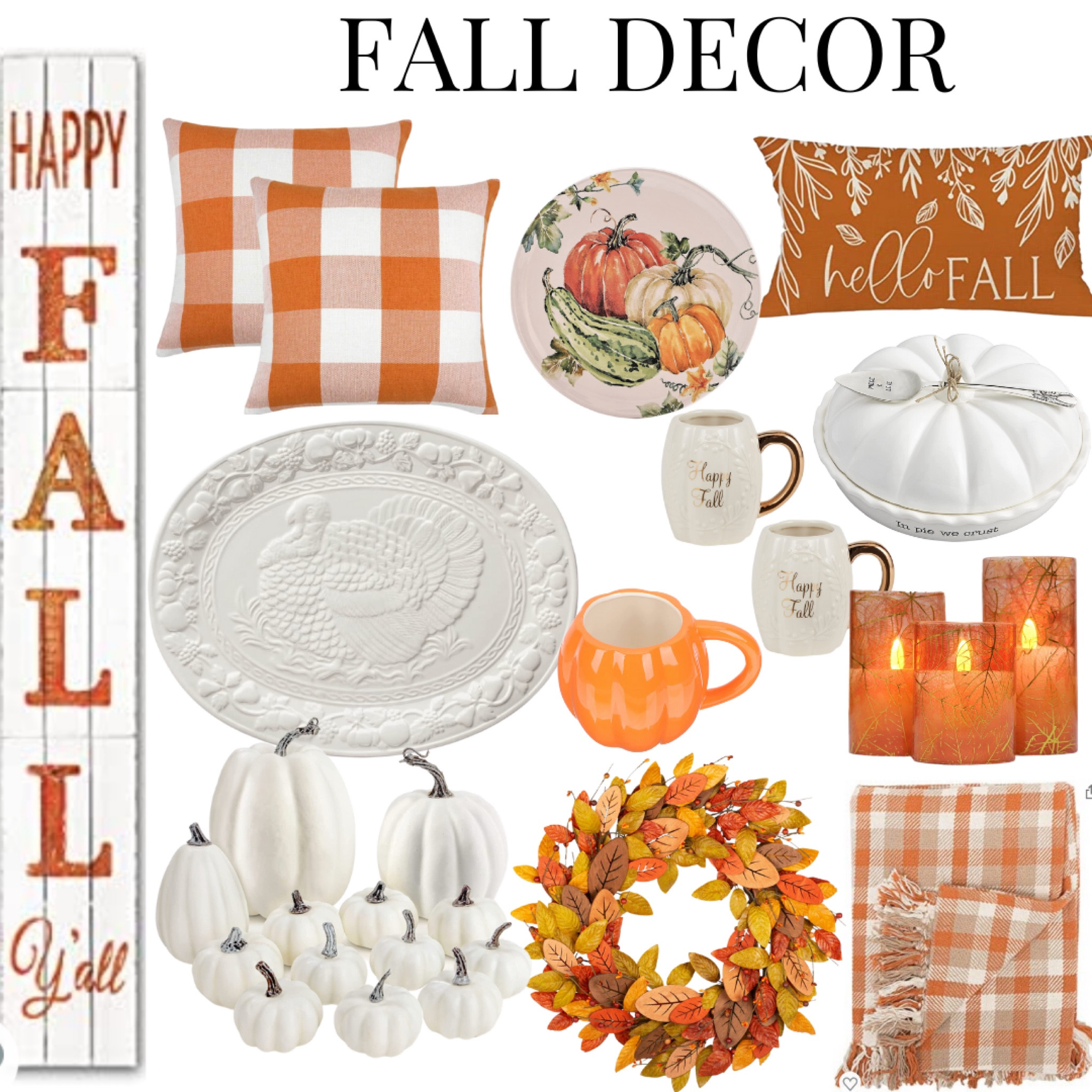 Orang Fall Decor🍁
Pillows, wreaths, Throw blankets, pumpkins, mugs, pumpkin pie dish, Turkey serving platter, flame less candles


#LTKstyletip #LTKSeasonal #LTKhome