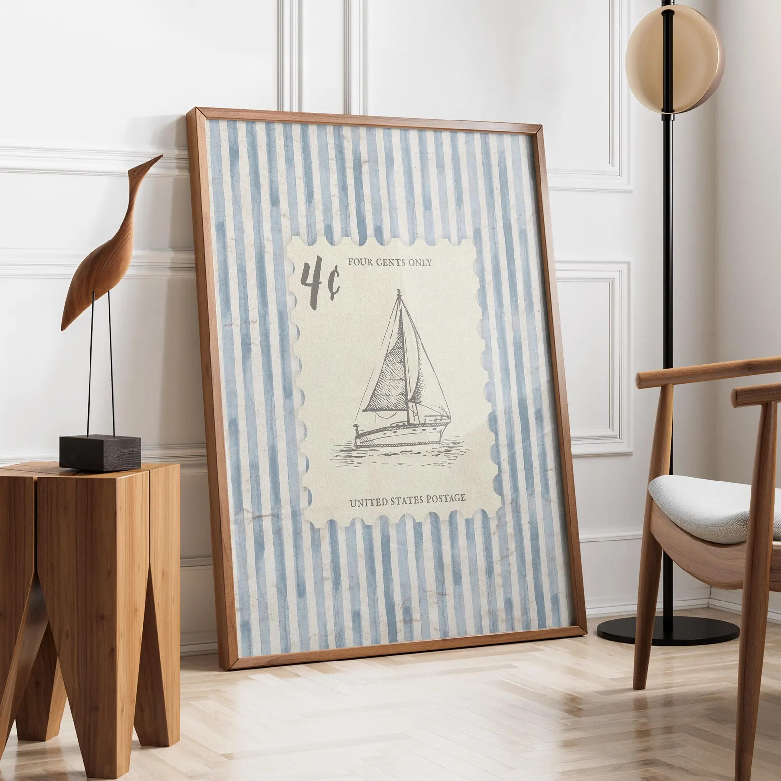 Vintage Sailboat Stamp Wall Art | Coastal Sketch Print | Nautical Stripe Beach Decor | Seaside Co... | Etsy (Global)
