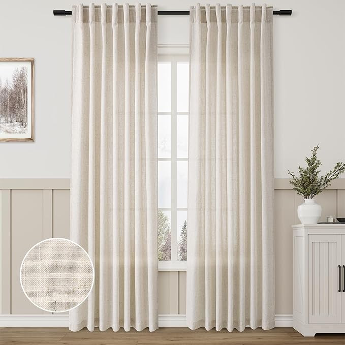 Back Tab Linen Beige Curtain Panels 84 Inches Long Light Filtering Semi Sheer Pleated Drapes for ... | Amazon (US)
