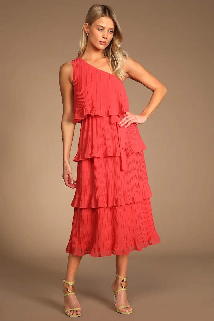 Vision of Spring Coral Plisse One-Shoulder Tiered Midi Dress | Lulus (US)