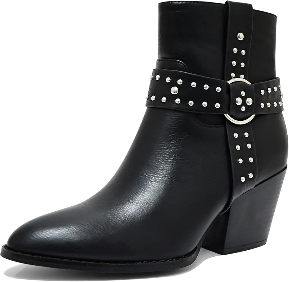 Chunky Stacked Heel Ankle Boots for Women Pointed Toe Chelsea Combat Boots Mid Calf Side Zipper S... | Amazon (US)