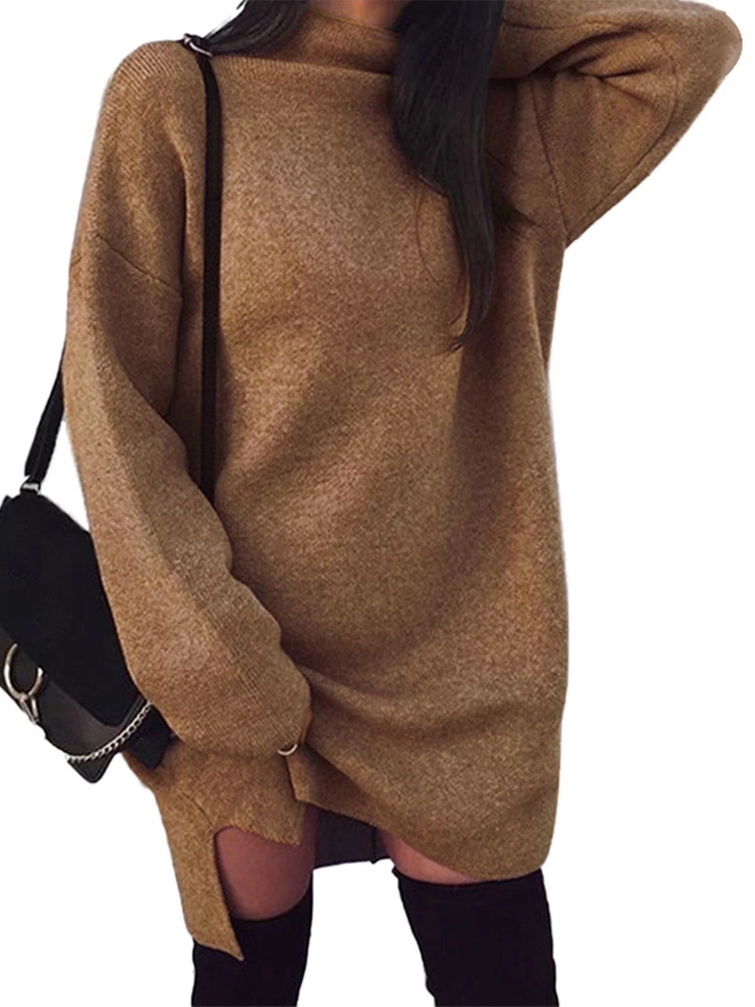 Women Long Sleeve Cowl Neck Casual Loose Oversized Knit Pullover Sweater Dress - Walmart.com | Walmart (US)