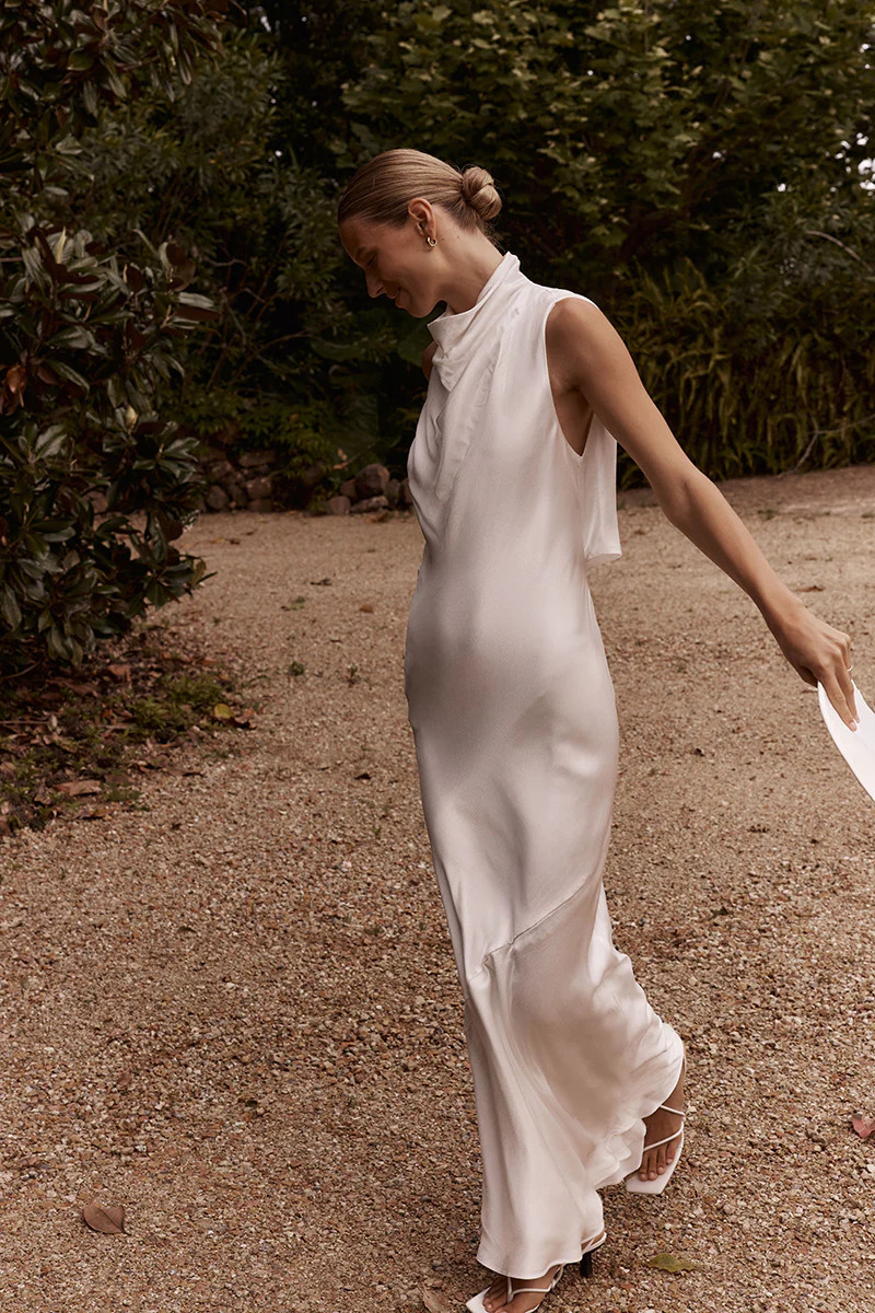 AISLE WHITE SATIN BACKLESS MIDI DRESS | DISSH