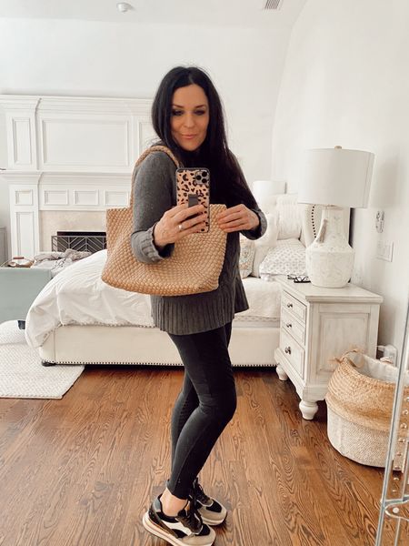 Vegan leather woven bag with spanx leggings