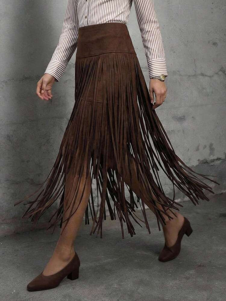 Brown Fringe Festival Skirt  | SHEIN