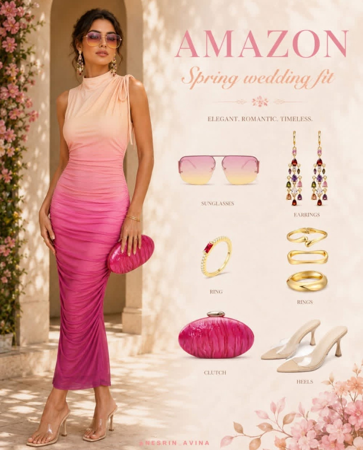 Pink dress
Summer dress 
Party dress
Maxi dress
Bodycon dress
Wedding guest dress 
Night out
Date night dress 
Heels
Wedding guest 
Gold ring