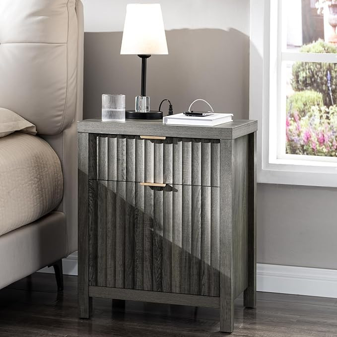 Oxford 2 Drawer Nightstand, End Table with Charging Station, Night Stand with Fluted Panel, Farmh... | Amazon (US)