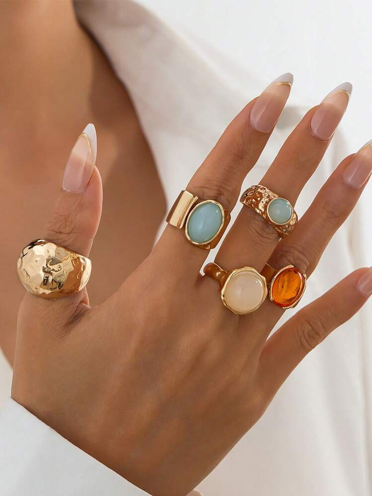 5 Pcs/Set Punk Rings Set For Women Vintage Geometric Rings Set Fashion Personality Jewelry Gifts Match With Daily Outfits, Party Accessories | SHEIN