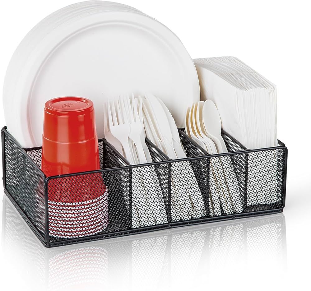 Paper Plate Organizer for Countertop, Metal Silverware Caddy with 6 Compartments for Plate, Cup, ... | Amazon (US)