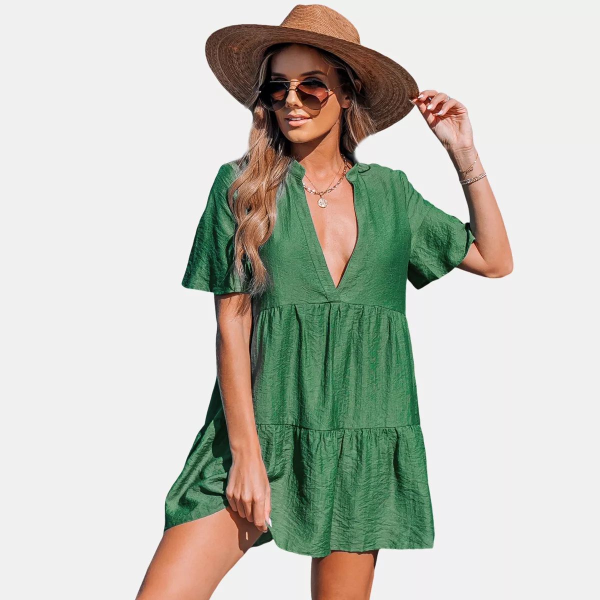 Women's Forest Green Paneled Plunge Neck Cover-Up Dress - Cupshe | Target