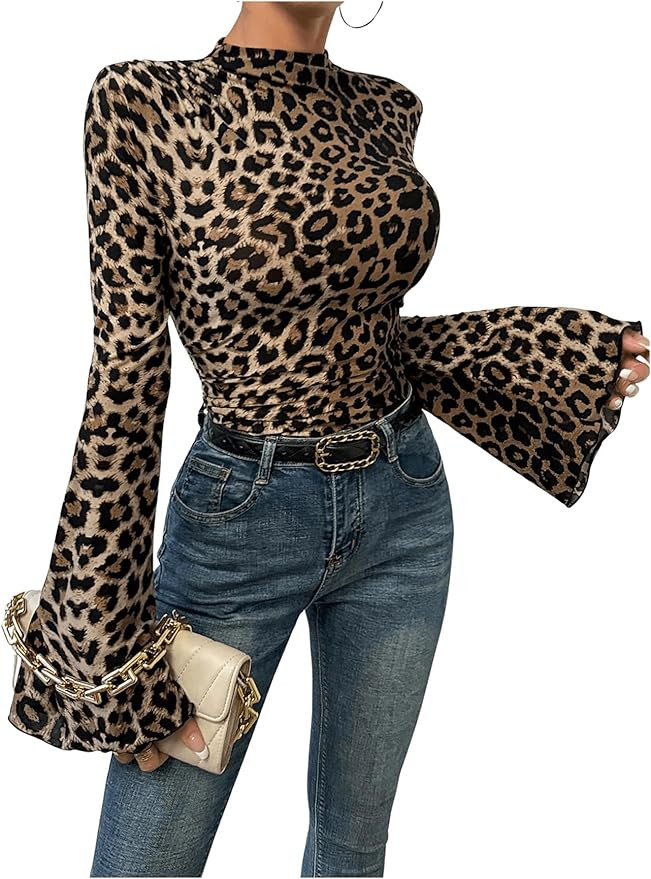 Women's Y2K Leopard Print Top Mock Neck Ruched Shirt Cheetah Print Tee Shirt Long Bell Sleeve Sli... | Amazon (US)