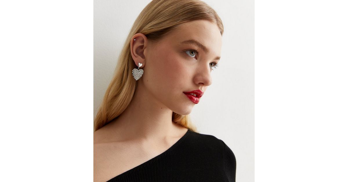 Silver Diamanté Heart Drop Earrings | New Look | New Look (UK)