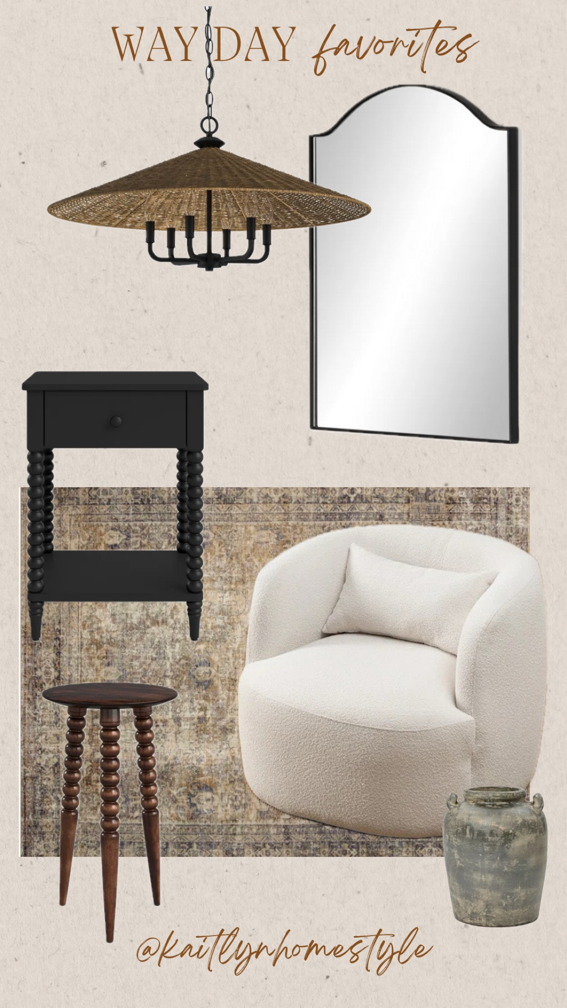 Way Day favorites. Great sale in some of my favorite Wayfair decor. Pendant light, ceiling light. Swivel boucle chair, accent table, side table, organic vase, mirror and area rug. I have two of these swivel chairs and love it. They are my go to spot to sit with my cup of coffee every morning. Neutral home decor, earthy decor  

#LTKSaleAlert #LTKHome #LTKU