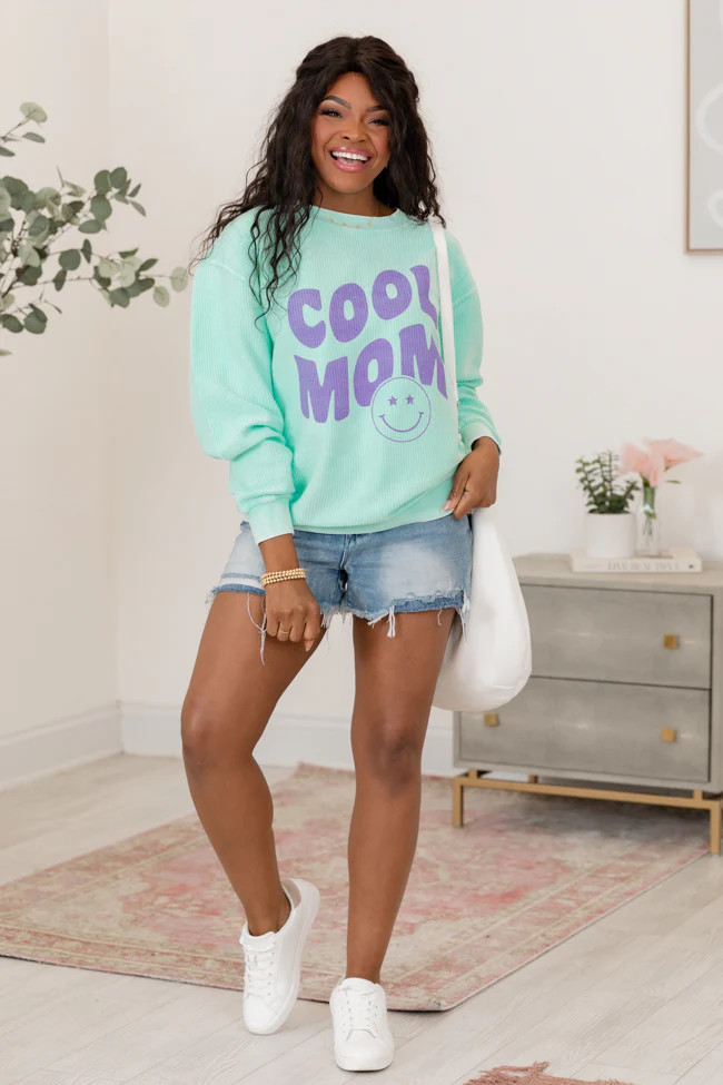 Cool Mom Smiley Mint Corded Graphic Sweatshirt FINAL SALE | Pink Lily