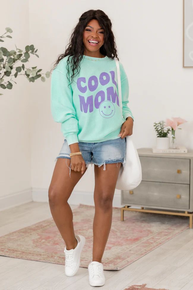 Cool Mom Smiley Mint Corded Graphic Sweatshirt SALE | Pink Lily