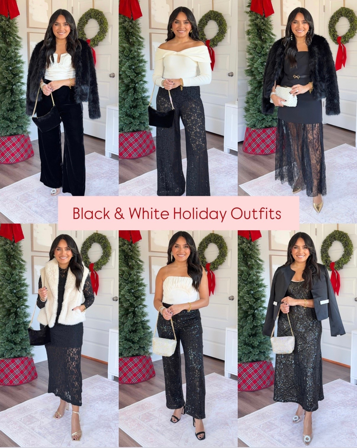 Black and white holiday outfits!
For reference: I’m 5’0, 32b bra size, and 2/26 in bottoms, pear shaped. 
*Everything I share is unaltered! TTS means true to size. Between size 5-6.6 in shoes

Black faux fur jacket size xxs TTS
Satin and velvet jumpset with removable straps size 0 petite TTS
Rhinestone clear heels - old, similar linked

White twist off the shoulder sweater size xs regular tTS
Pull on elastic waistband wide leg lace pants size xs regular - does come in petite but I want a full length pant! 

Black faux fur jacket size xxs TTS
Lace trim maxi dress size 0 regular TTS - does come in petite length!
Bow belt - old, similar linked
Gold heels size 5 TTS

Faux fur vest size xs petite TTS 
Black lace maxi dress size xs petite TTS
Gold heels size 5 TTS

White bustier top size 0 petite TTS
Black sequin pants size 2 petite TTS
Black heels are old - similar linked

BlackSequin strappy dress size 0 regular TTS - comes in petite sizing as well!
Black Satin bow pocket jacket xs petite TTS
Rhinestone clear heels - old, similar linked


black and white holiday outfits
festive christmas outfits petite
petite holiday party outfits
black and white christmas outfit ideas
holiday outfits on sale petite
new years eve outfits petite
black and white festive looks
holiday party outfit ideas petite
christmas outfit ideas on sale
petite holiday fashion sale
new years eve party outfit ideas
petite black and white outfits holiday
festive holiday outfits on sale
petite christmas party style
black and white new years eve outfits
Date night outfit
Girls night outfit
New york city 
Europe
London
Christmas show
petite friendly pieces
Rachel Miranda Blog
Honeysweetpetite


#LTKPetite #LTKGiftGuide #LTKHoliday