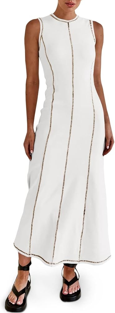 Wenrine Womens Sleeveless T Shirt Dress Summer Contrast Stitch Ribbed Knit Tank Maxi Dresses | Amazon (US)