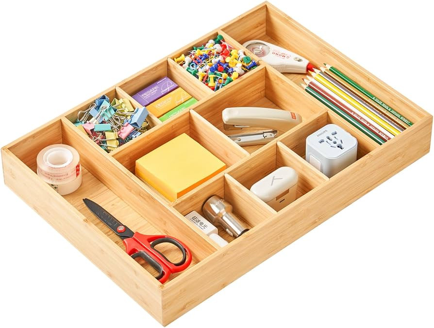 Extra Large Bamboo Desk Drawer Organizer, Wood Junk Organizer Tray with Adjustable Dividers, Anti... | Amazon (US)