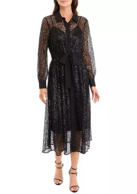 Anne Klein Petite Mixed Media A-Line Dress with Sequins | Belk