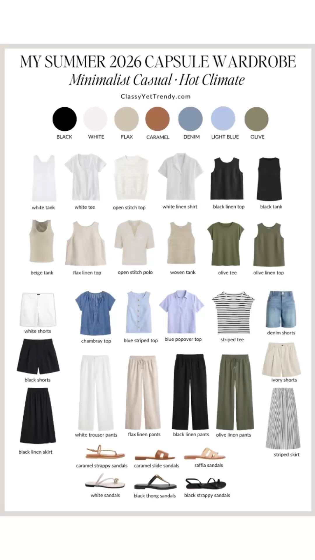 My 32-piece Hot Weather Minimalist-Casual Summer 2026 Capsule Wardrobe in my closet ☀️ The colors are black, white, flax, caramel, denim, light blue and olive green. I work at home and wear styles that are simple and minimal for a hot and humid climate. All shopping links are on the blog. ✔️ You can use this capsule wardrobe in your closet and use part of it as a travel wardrobe.

tee, tank, top, utility jacket, stripes, sleeveless, short sleeves, chambray shirt, shorts, linen, pants, skirt, sandals

#capsulewardrobe  #casualstyle #neutralstyle #summerstyle #linen
