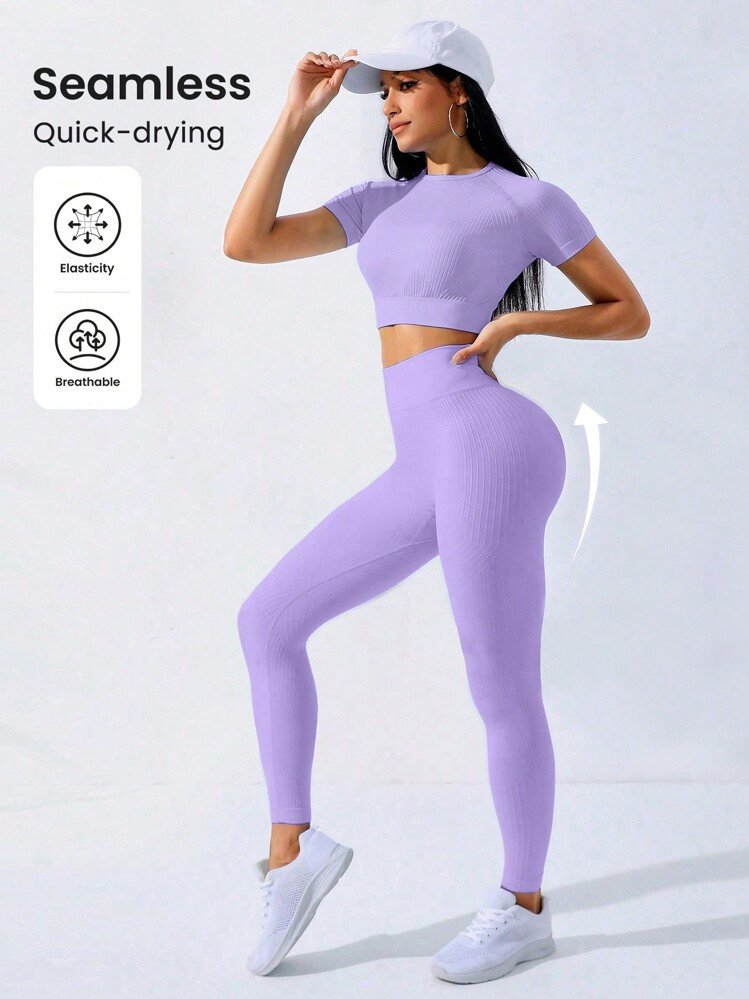 SHEIN Sovereign Charm Conjunto Deportivo De Manga Raglán Sin Costuras, De Alta Elasticidad, Para Entrenamiento - Conjunto De Mujeres Para Entrenamiento, Conjunto De Mallas Para Mujeres, Equipo De Gimnasia Para Mujeres | SHEIN