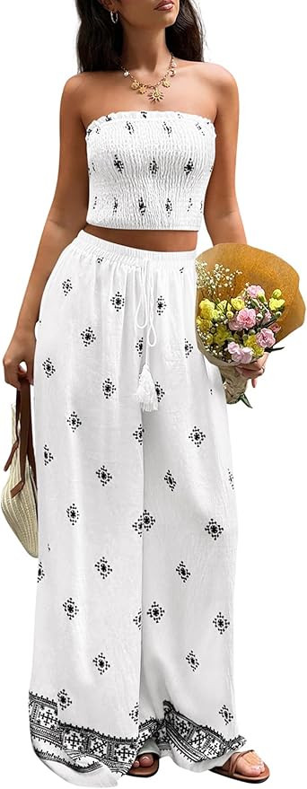 PRETTYGARDEN 2 Piece Sets for Women Summer 2026 Travel Outfits Print Tube Tops Wide Leg Pants Bea... | Amazon (US)