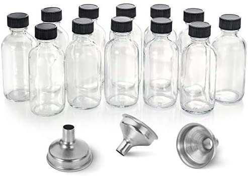 12, 2 oz Small Clear Glass Bottles (60ml) with Lids & 3 Stainless Steel Funnels - Boston Round Sa... | Amazon (US)