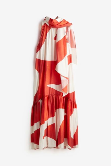 Red and white patterned tie neck maxi dress 

#LTKfindsunder50 #LTKstyletip #LTKSeasonal