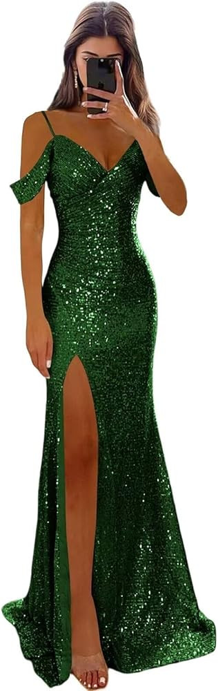 Women's Off Shoulder Long Prom Dresses 2026 Sparkly Sequin V Neck Evening Dress Mermaid Slit Form... | Amazon (US)