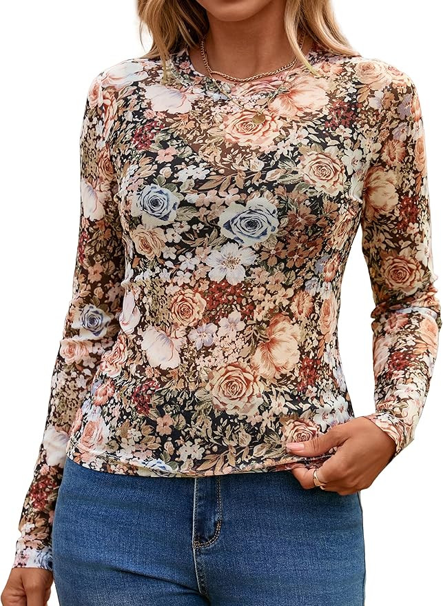 Glamaker Womens Mesh Long Sleeve Tops Lace See Through Sexy Crew Neck Eyelet Shirts Party Floral ... | Amazon (US)