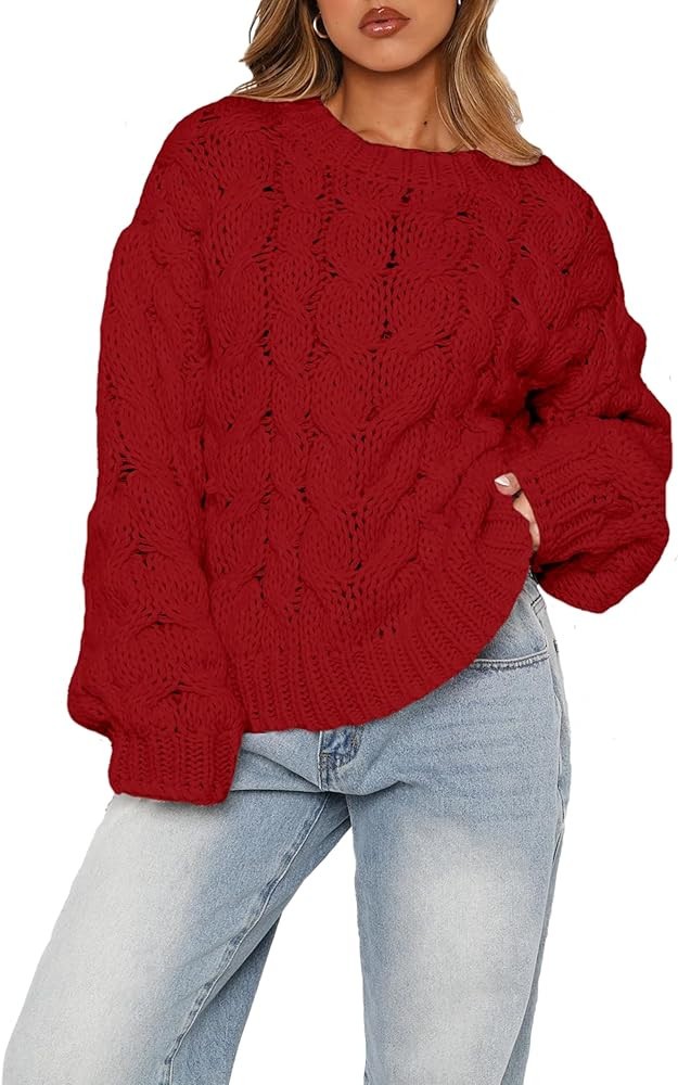 Women's Oversized Chunky Cable Knit Sweater Long Sleeve Crew Neck Crochet Fall Pullover Tops | Amazon (US)
